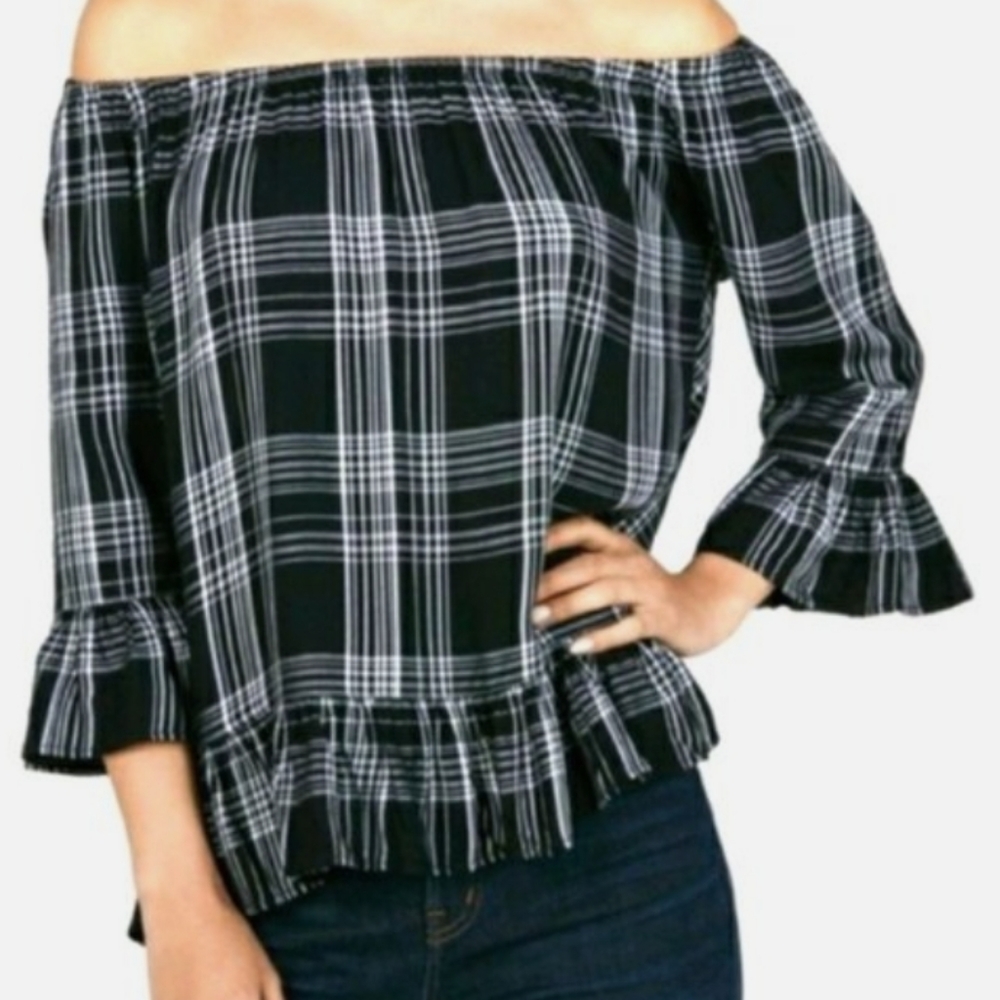 BeachLunchLounge Womans Plaid Off the Shoulder Black Top Size Large